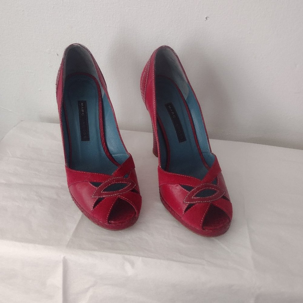 MARC JACOBS Red, Suede, snake skin, peep toe heels